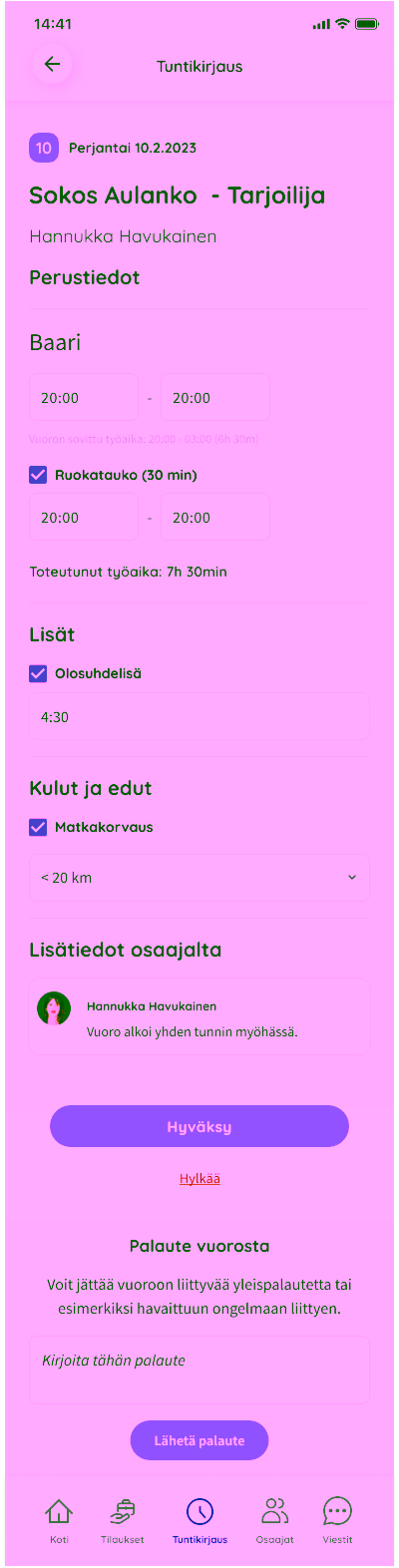 Tuntikirjauksen tiedot